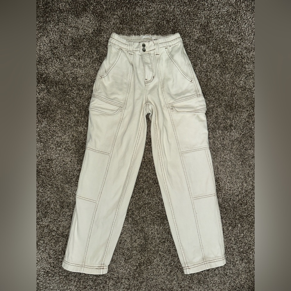Cream Elastic Waist Cargo Pants